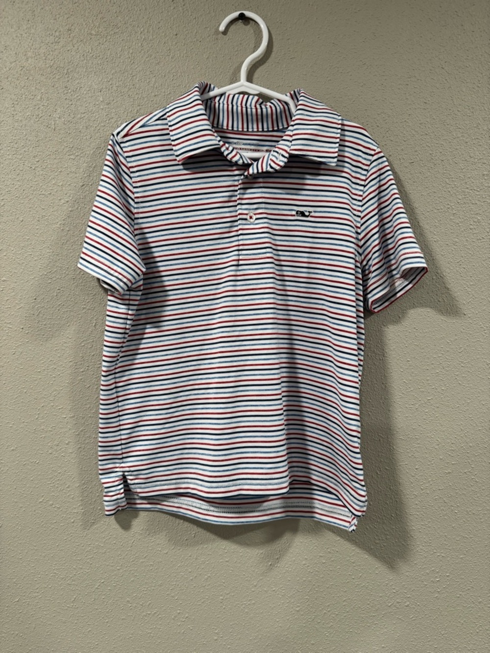 Vineyard Vibes Striped Short-Sleeve Polo Shirt - White with Red & Blue Stripes